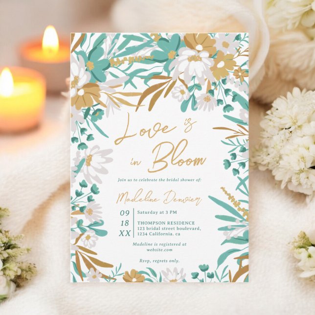 Kärlek ligger i Teal Guld Blommigt Möhippa Inbjudningar (Love is in bloom Teal Gold Floral Bridal Shower Invitation)