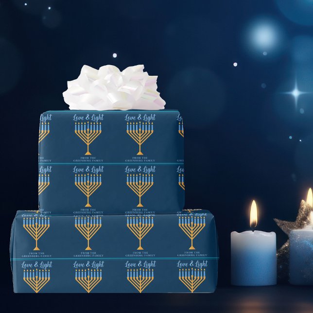 Kärlek & Light Blue Guld Menorah Hanukkah Party Presentpapper (Skapare uppladdad)