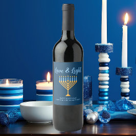 Kärlek & Light Blue Guld Menorah Hanukkah Party Vinflaska Etikett