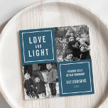 Kärlek & Light Modern Hanukkah Photo Julkort<br><div class="desc">Visa dina kvadratiska foton i det här enkla,  moderna Hanukkah-fotokortet. Utformningen har en fyrkantig layout med blå bakgrund och "Kärlek och ljus" i modern vit blockering. Använda de två anpassadena fält för att lägga till en anpassningsbar hälsning och din familj namn. Fotografi © Storytree Studios,  Stanford,  CA</div>
