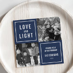 Kärlek & Light Modern Hanukkah Photo Julkort<br><div class="desc">Visa dina kvadratiska foton i det här enkla,  moderna Hanukkah-fotokortet. Utformningen har en fyrkantig layout med marin blå bakgrund och "Kärlek och ljus" i modern vit blockering. Använda de två anpassadena fält för att lägga till en anpassningsbar hälsning och din familj namn. Fotografi © Storytree Studios,  Stanford,  CA</div>