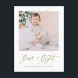 Kärlek & Light Push Lettering Guld Lycklig Hanukka Helg Vykort<br><div class="desc">Lycklig Hanukkah! Skicka helgdag önskemål och hälsning till familj och vänner med det här fotovykortet för helgdag. Den har penselns kalligrafcitattecken "Kärlek & Light" med stjärnaccenter. Anpassa genom att lägga till namn,  meddelande och foton. Den här designen är tillgänglig som ett platt kort,  ett vikat kort och ett vykort.</div>