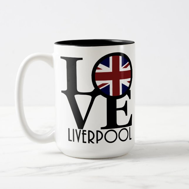 KÄRLEK Liverpool England (UK Flagga) 15oz Två-Tonad Mugg (Vänster)