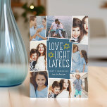 Kärlek, ljus och lås | Hanukkah Photo Collage Julkort<br><div class="desc">Roligt och festive Hanukkah-fotokort innehåller åtta foton som ordnats i en kollagelayout. "Kärlek,  light,  latkes" visas i mitten med vitt bokstäver på en mörk blått bakgrund accentuerad med stjärnor. Anpassa med namn och året.</div>