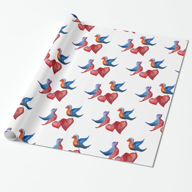 Kärlek love birds, vattenfärgfåglar som slår in presentpapper (Utrullad)