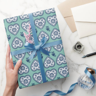 ‘Karlek’ loveheart wrapping paper (navy & teal) Presentpapper