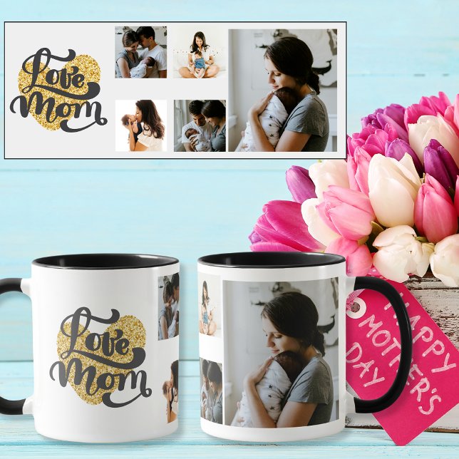 Kärlek Mamma guld med 5 Anpassningsbar Foton Mugg (Love Mom gold heart with 5 Custom Photos Mug)