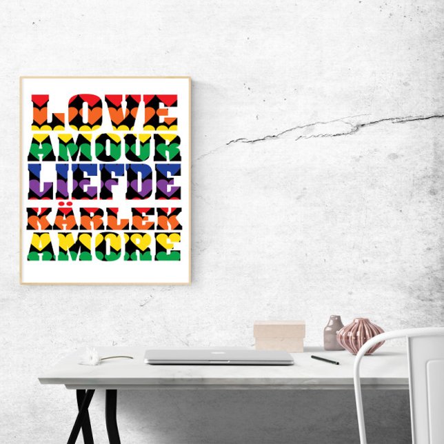 Kärlek många regnbågshögar på flera språk poster (A poster that says love in many languages with colorful hearts!)