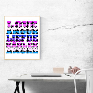 Kärlek Många språk hedrar Rosa Lila Blue Black Poster