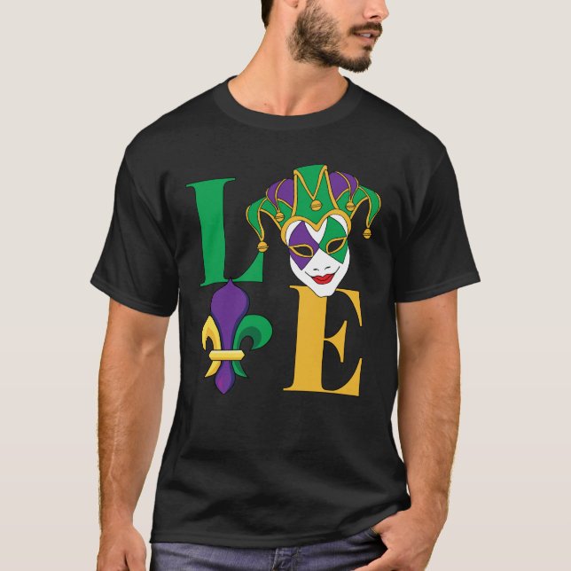 Kärlek Mardi Gras Jester Mask Fleur-de-Lys T-Shirt (Framsida)