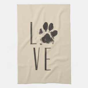 Kärlek med Pet Paw Print Brown Grunge Typography Kökshandduk