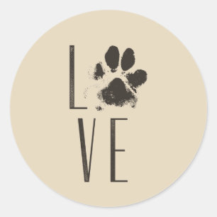 Kärlek med Pet Paw Print Brown Grunge Typography Runt Klistermärke
