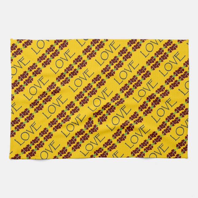 "Kärlek" med rött/blåa blommor Kökshandduk (Horisontell)