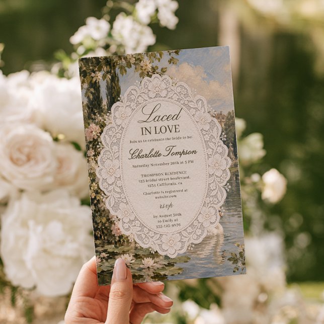Kärlek med spets - Bröllopsfest för bruden med gam Inbjudningar (Laced in Love Old Money Swan Bridal Shower Invitation)