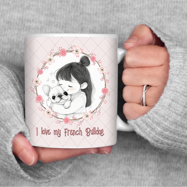 Kärlek Min Fransk Bulldog w Cute Girl Teckning Kaffemugg (Love My French Bulldog w Cute Girl Drawing Coffee Mug with custom slogan.)