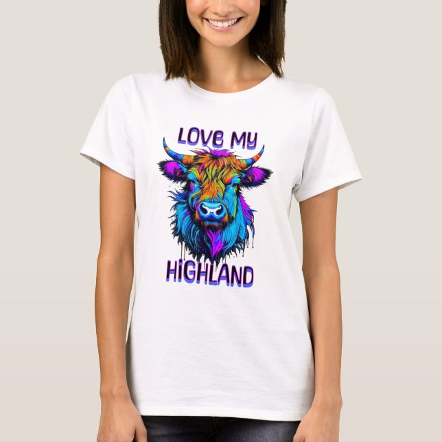 Kärlek min Highland Cows Cyberpunk Stil Art T Shirt (Framsida)