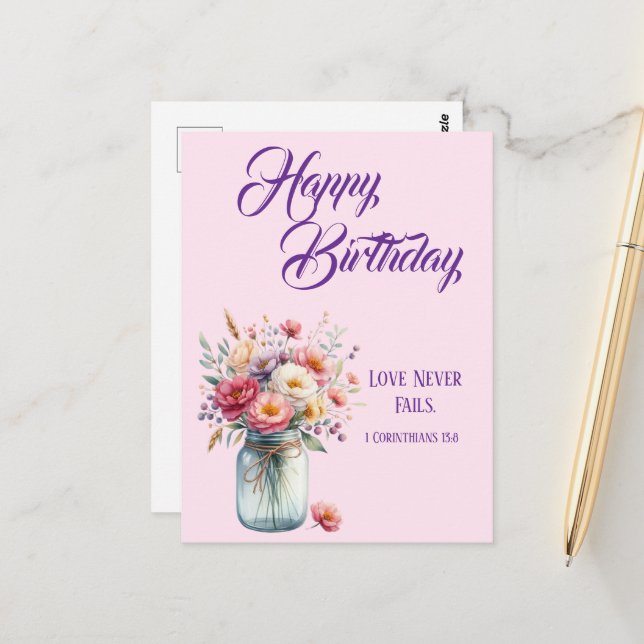 Kärlek misslyckas aldrig kristna födelsedagsönskni vykort (Fram/Back In Situ)