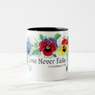 Kärlek misslyckas aldrig (pansies) Två-Tonad mugg