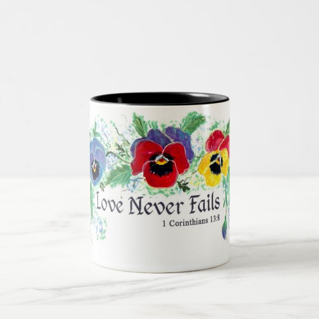 Kärlek misslyckas aldrig (pansies) Två-Tonad mugg (Center)