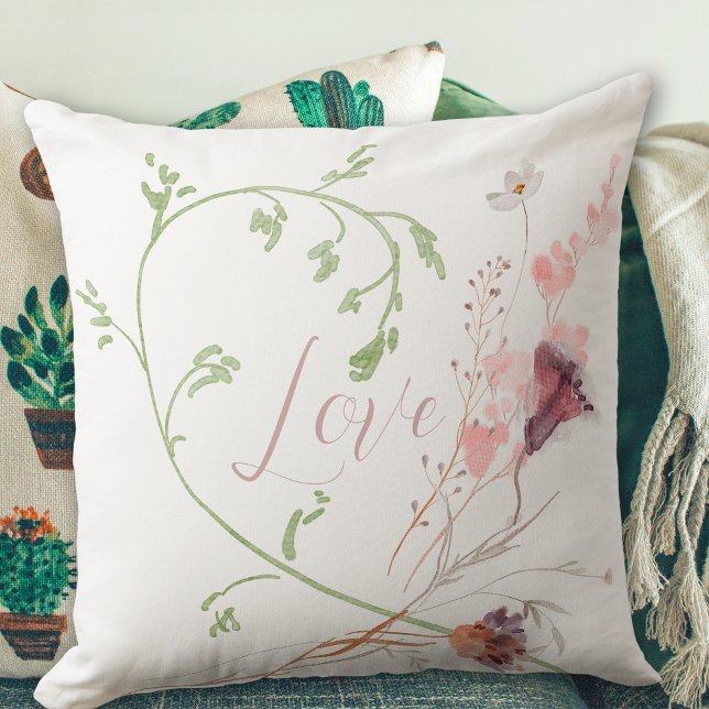 Kärlek Mjuka Akvarell Blommor Romantisk  Kudde (Love Soft Watercolor Flowers Romantic Throw Pillow ©Susanne Sachers - Sunny Mind Design)