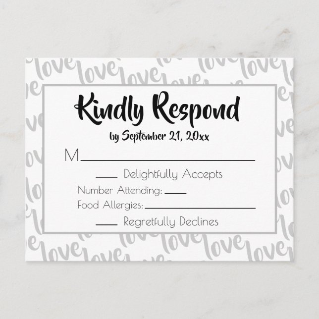 Kärlek Modernt skript typografi RSVP Inbjudan Vykort (Framsida)