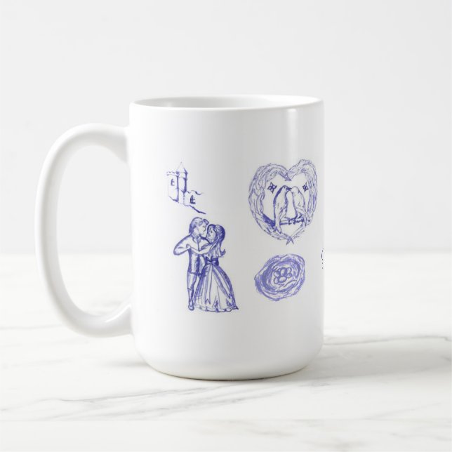 Kärlek mugg med leksaks- och fågelkyssillustration (Vänster)