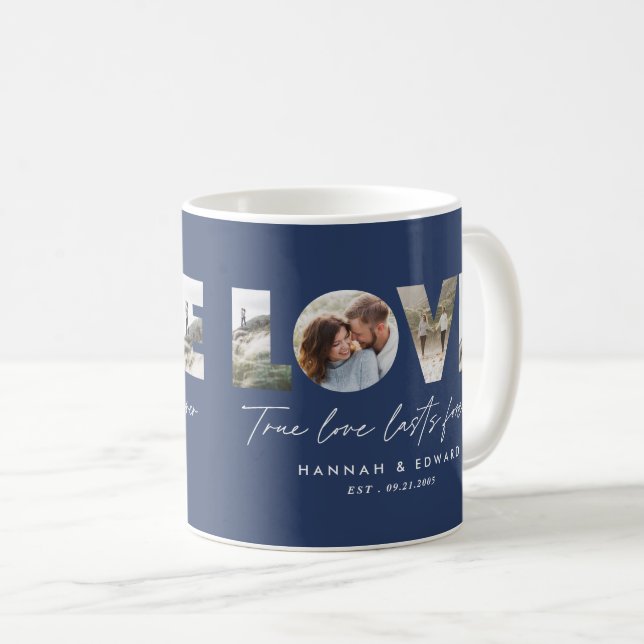 Kärlek multifotomodern minimal blå elegant kaffemugg (Framsida höger)