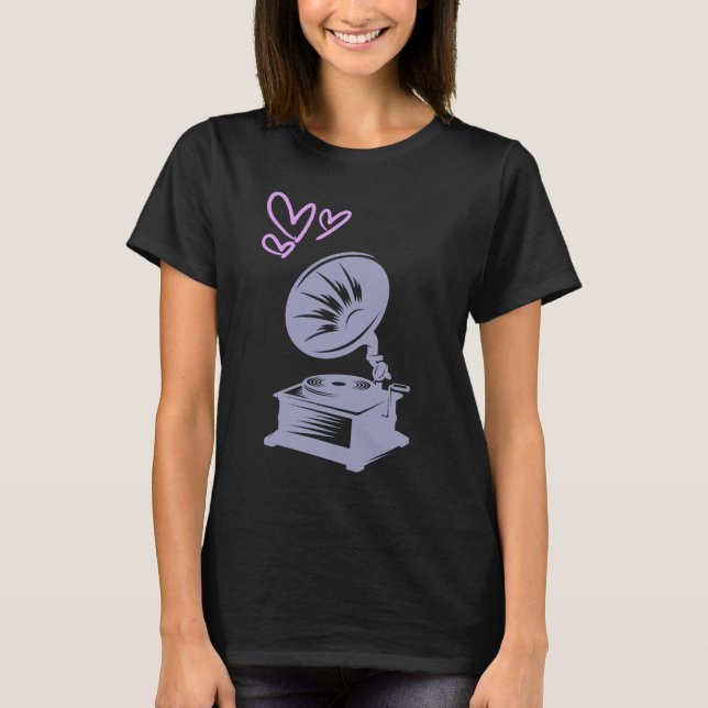 Kärlek Musik Gammaldags Gramofon T Shirt (Framsida)