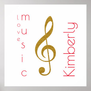 kärlek musik, guldtreble clef med namn poster