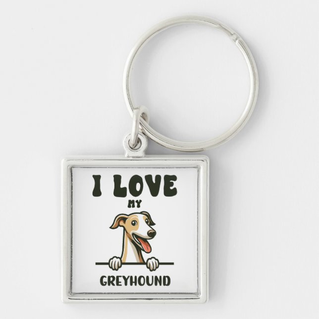 Kärlek My Greyhound Fyrkantig Silverfärgad Nyckelring (Framsidan)