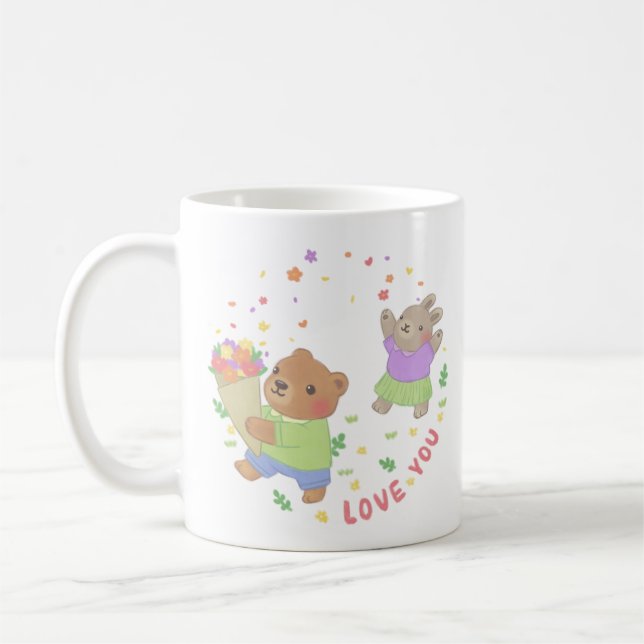 Kärlek: Nalle & Bunny med blommor Kaffemugg (Vänster)