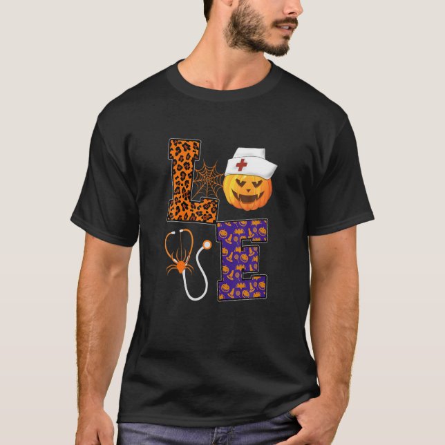 KÄRLEK Nurse Pumpkin Fall Doktor Leopard Halloween T Shirt (Framsida)