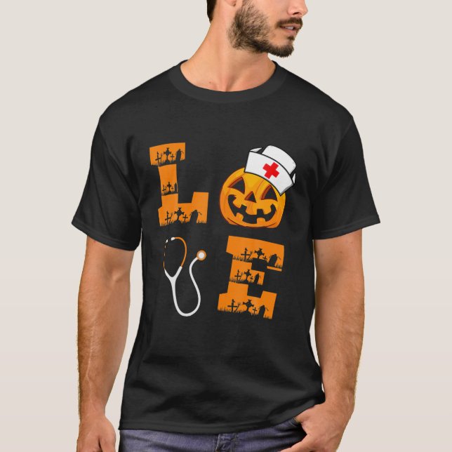 Kärlek Nurse Pumpkin Jack o lantern Funny Hallowee T Shirt (Framsida)