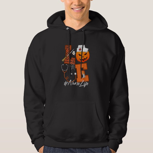 Kärlek Nurse Pumpkin Leopard Fall Halloween Thanks Hoodie (Framsida)