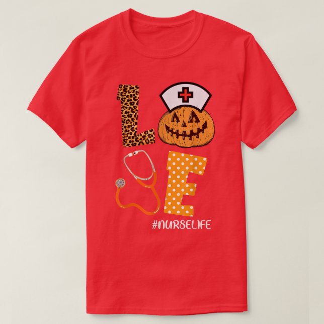 Kärlek Nurse Pumpkin Leopard Fall Halloween Thanks T Shirt (Design framsida)