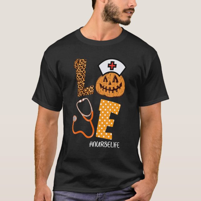 Kärlek Nurse Pumpkin Leopard Fall Halloween Thanks T Shirt (Framsida)