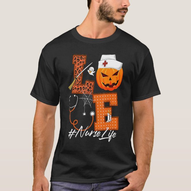 Kärlek Nurse Pumpkin Leopard Fall Halloween Thanks T Shirt (Framsida)