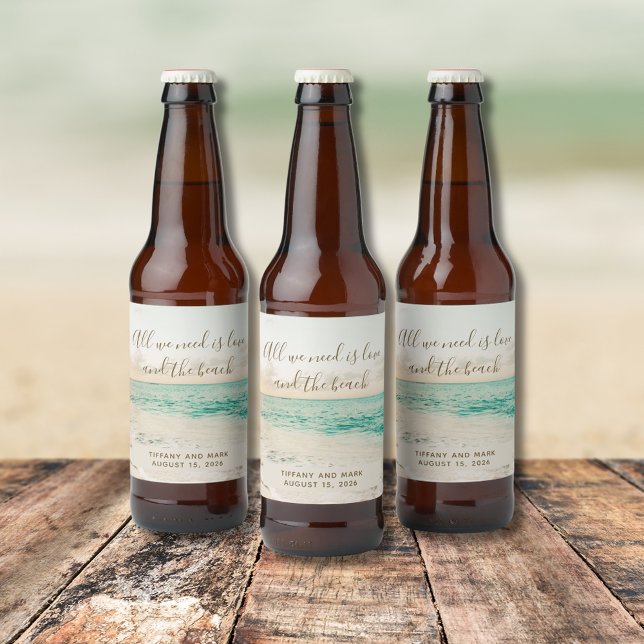 Kärlek och Beach-kusten Bröllop Ölflaska Etikett (Love and the Beach Coastal Wedding Beer Bottle Label)