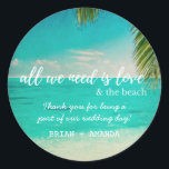 Kärlek och Beach Wedding Favor Stickers Runt Klistermärke<br><div class="desc">Genom att samordna de tropiska badbrickorna på strandscenen "Kärlek och stranden" får vi en klistermärken som passar våra besök och bröllop pappra produkter. Anpassa med ditt meddelande och namn. Besök vår butik för att se alla produkter i den här designen.</div>