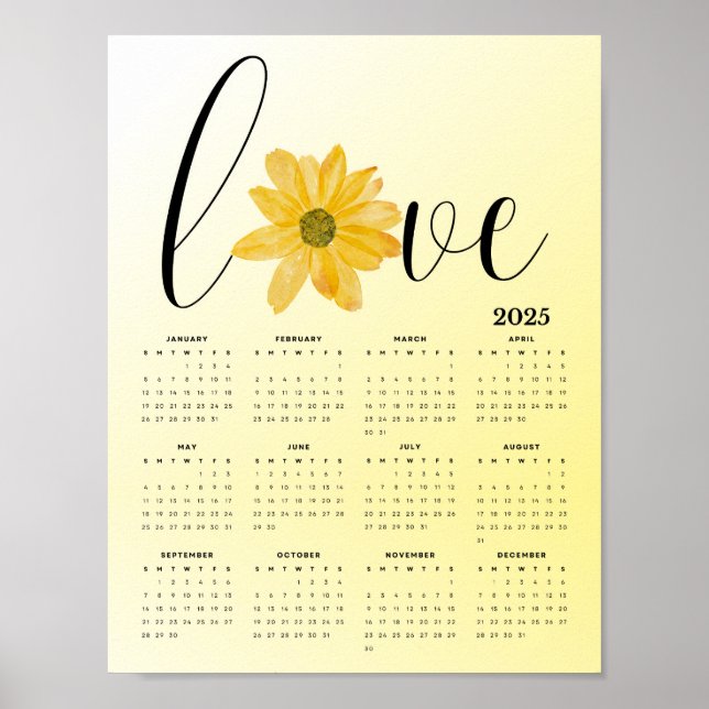Kärlek och blommor Gult 2025, väggkalender Poster (Framsidan)
