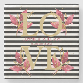 KÄRLEK och blommor på svarta randiga bröllopsdatum Stenunderlägg