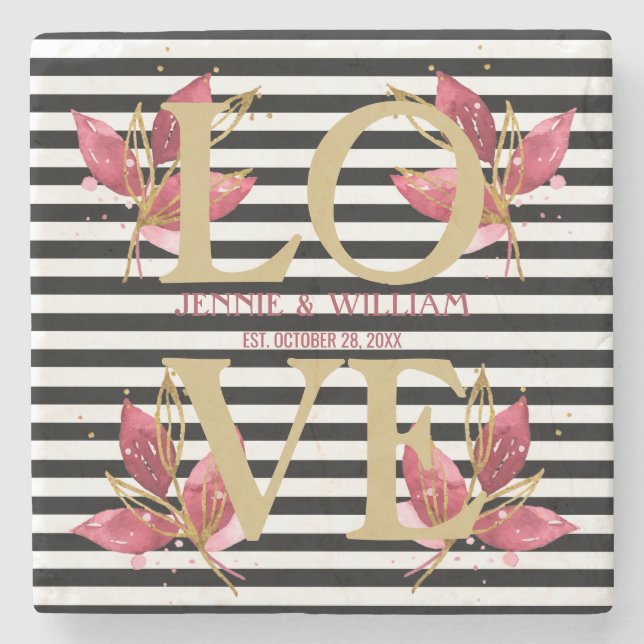 KÄRLEK och blommor på svarta randiga vigseldatum Stenunderlägg (Framsidan)