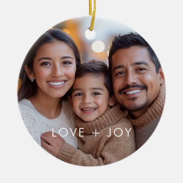 Kärlek och Joy Modern minimalistisk julfoto Julgransprydnad Keramik (Framsidan)