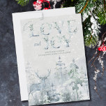 Kärlek och Joy Snowy Winter Forest och Stag Lyckli Julkort<br><div class="desc">Personlig Kärlek och Joy-julkort med snöskog och tagg i mjuka skuggor av blått och grönt. Ordalydelsen lyder "önskar dig kärlek och glädje" och du kan anpassa den återstående texten. Färg och elegant vattenfärgsdesign med dekorativ typografi.</div>