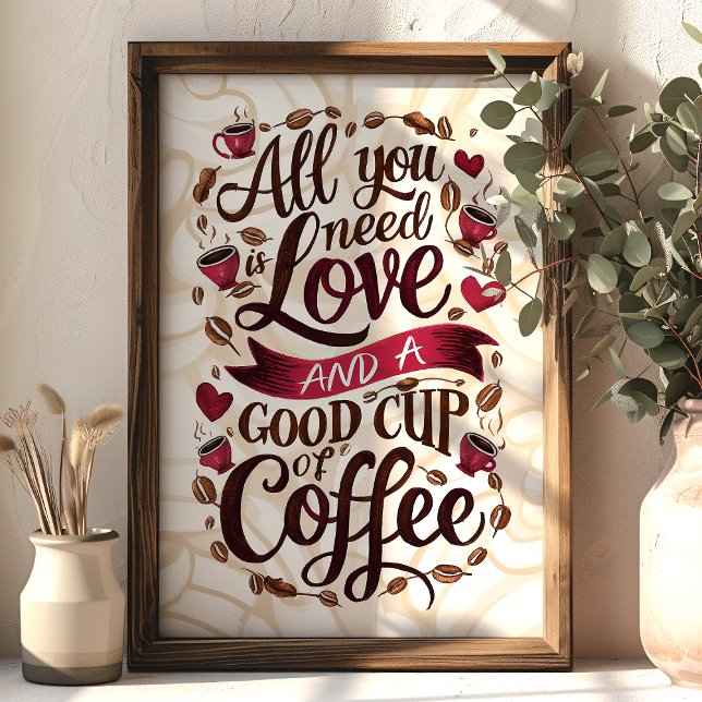 Kärlek och kaffecitat med hjärta och kaffebönor  poster (Skapare uppladdad)