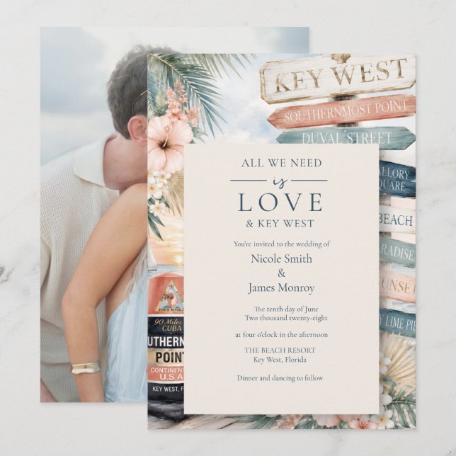 Kärlek och Key West Foto Bröllop  Inbjudningar (Fram/baksida)