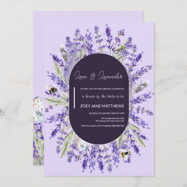 Kärlek och Lavender | Möhippa för Blommigt av Eleg Inbjudningar (Fram/baksida)