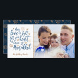 Kärlek och Light Hanukkah Photocard Julkort<br><div class="desc">En snyggt och modern Hanukkah-design i faux guld foil och mörk blått. Enkel att anpassa med egen bild och text.</div>