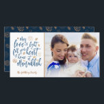 Kärlek och Light Hanukkah Photocard Julkort<br><div class="desc">En snyggt och modern Hanukkah-design i faux guld foil och mörk blått. Enkel att anpassa med egen bild och text.</div>