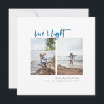 Kärlek och Light Modern Minimalist Photo Hanukkah Julkort<br><div class="desc">Modern minimalistisk typografi med fotokortet "Kärlek & Light" Hanukkah. Funktioner,  två lodrät centrerade fotoutrymmen,  blått skript och samordning av solid färg-uppbackning. Malltext linjer för kort hälsning,  namn och år.</div>